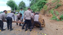 Personel Polres Sumbawa Barat Evakuasi Bongkahan Batu Raksasa di Jalan Raya