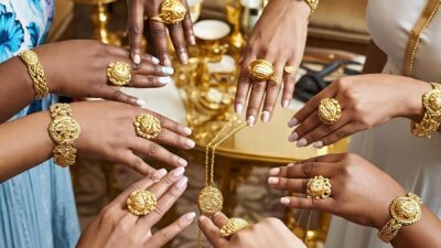 Buatkan gambar: Emak-emak indonesia memamerkan perhiasan emas yang dipakai, mulai dari gelang, kalung cincin.